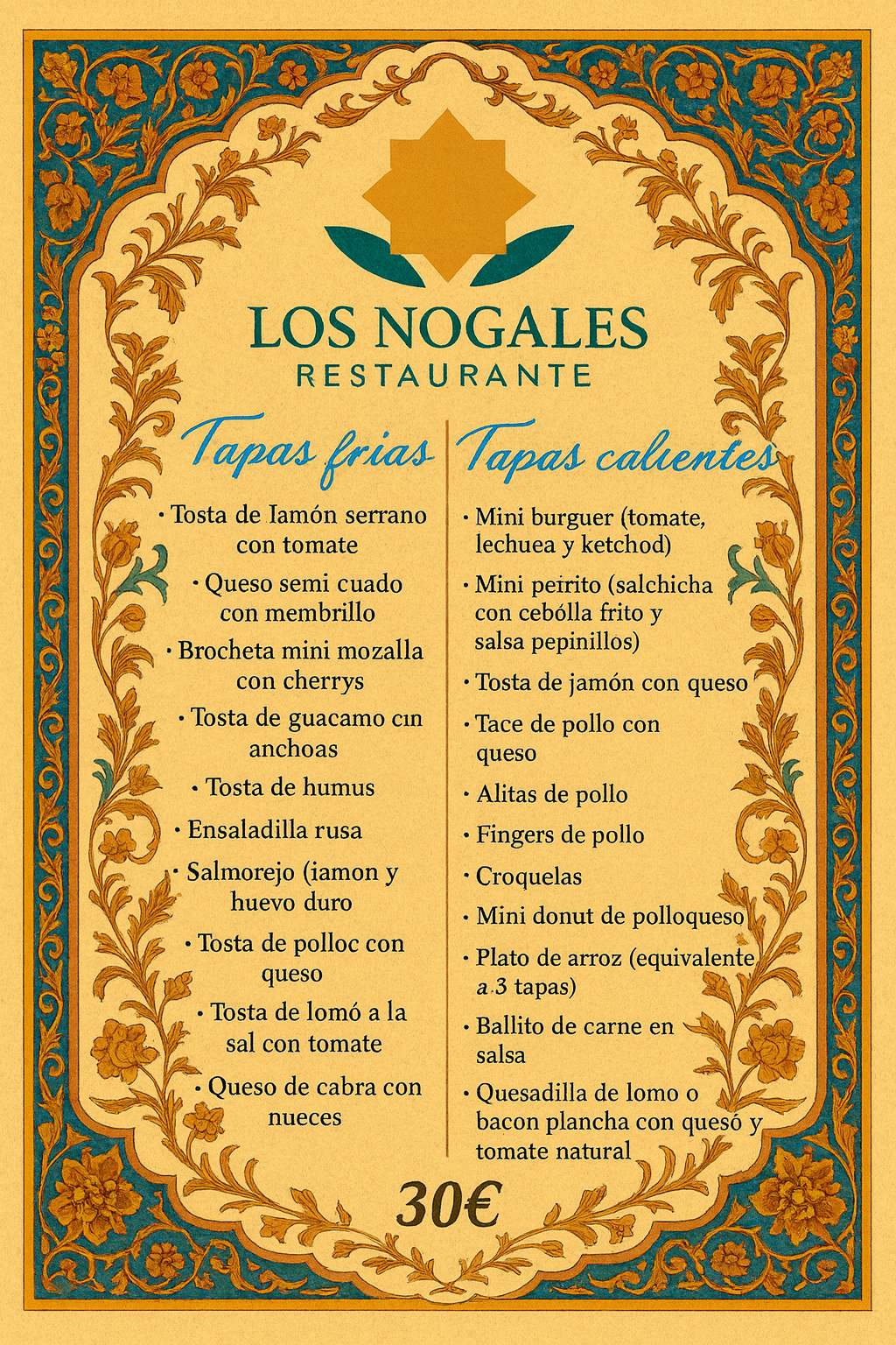 Menú de Tapas en Los Nogales